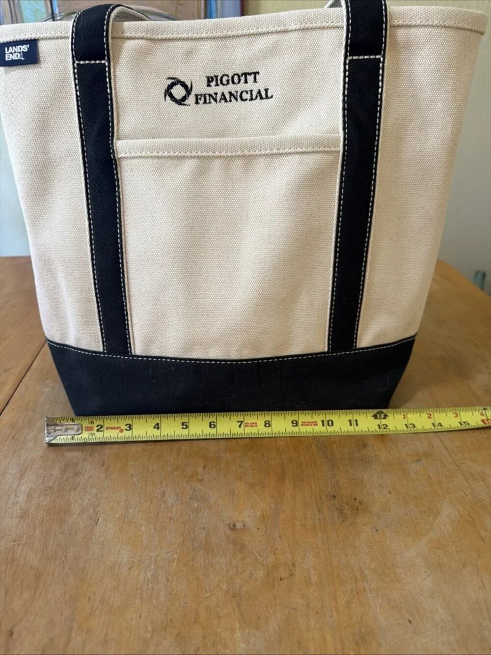 LandsEnd Canvas Pocket Tote Bag Natural Black Open Top Large Beach Pool Bag! - Picture 3 of 11